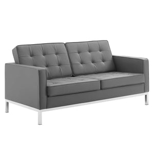 Modway Furniture Loft Tufted Vegan Leather Loveseat Silver Gray 32 x 63 x 32.5