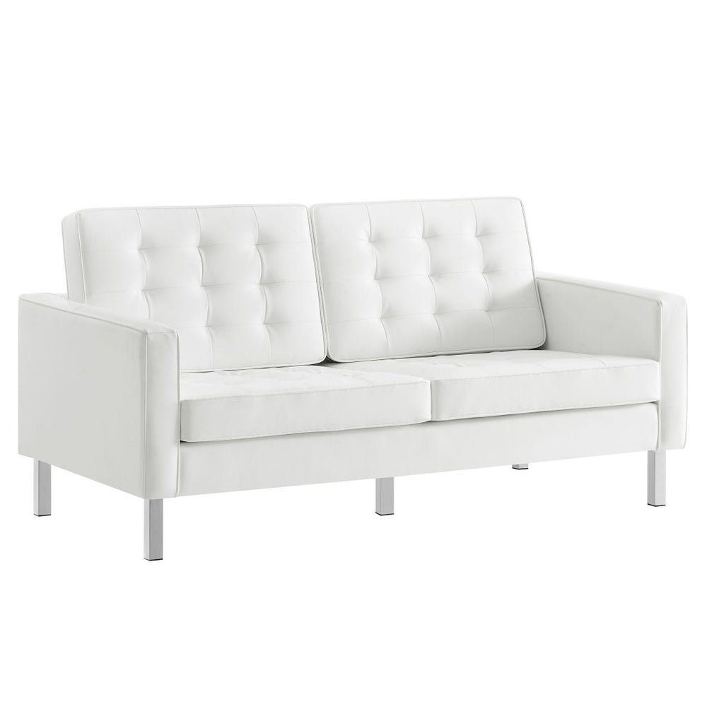 Modway Furniture Loft Tufted Vegan Leather Loveseat – Modern Mid-Century Design with Durable Comfort & Style Silver White EEI-3388-SLV-WHI