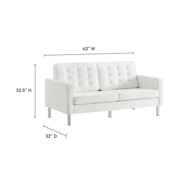 Modway Furniture Loft Tufted Vegan Leather Loveseat – Modern Mid-Century Design with Durable Comfort & Style Silver White EEI-3388-SLV-WHI