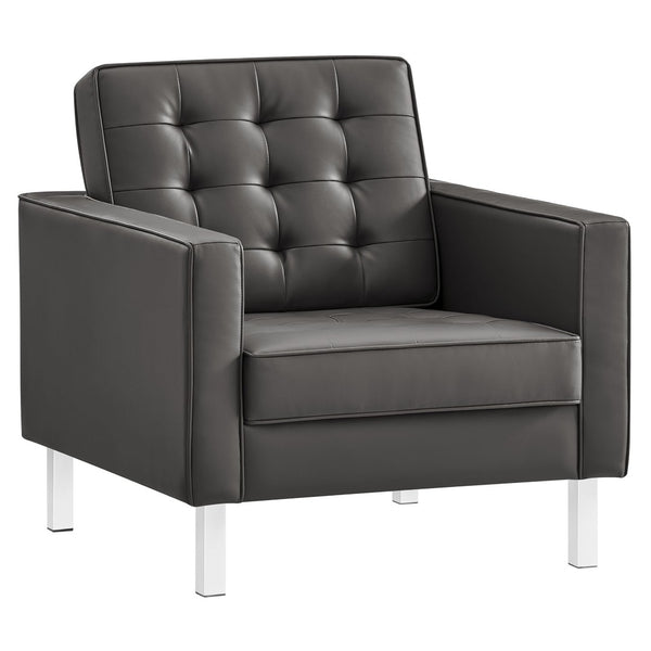 Modway Furniture Loft Tufted Vegan Leather Armchair - Modern Mid-Century Design with Durable Comfort & Style Silver Gray EEI-3391-SLV-GRY