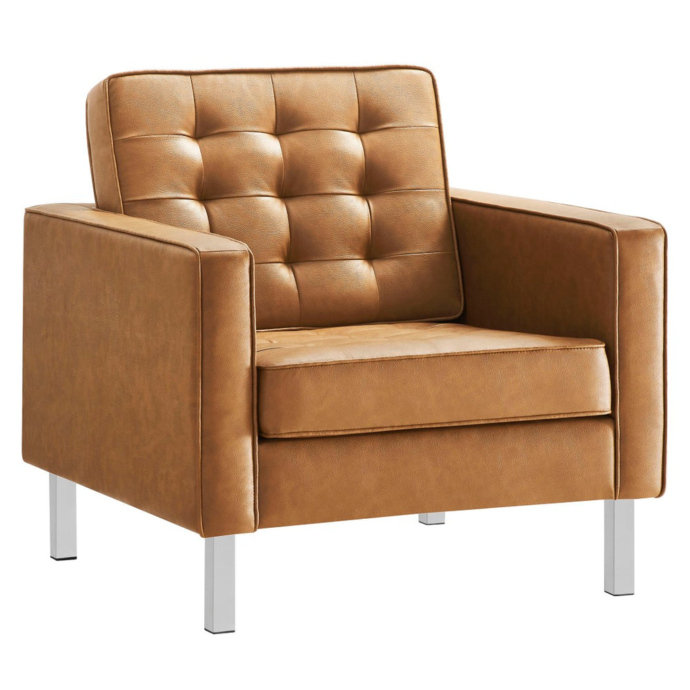 Modway Furniture Loft Tufted Vegan Leather Armchair - Modern Mid-Century Design with Durable Comfort & Style Silver Tan EEI-3391-SLV-TAN