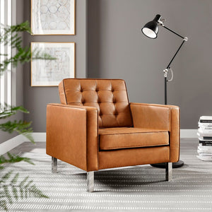 Modway Furniture Loft Tufted Vegan Leather Armchair - Modern Mid-Century Design with Durable Comfort & Style Silver Tan EEI-3391-SLV-TAN