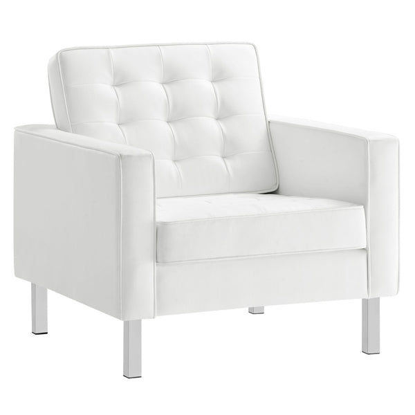 Modway Furniture Loft Tufted Vegan Leather Armchair - Modern Mid-Century Design with Durable Comfort & Style Silver White EEI-3391-SLV-WHI