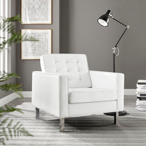 Modway Furniture Loft Tufted Vegan Leather Armchair - Modern Mid-Century Design with Durable Comfort & Style Silver White EEI-3391-SLV-WHI