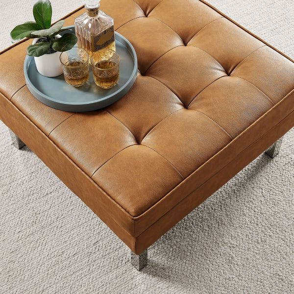 Modway Furniture Loft Tufted Vegan Leather Ottoman - Mid-Century Modern Style for Versatile Living Room Comfort Silver Tan EEI-3394-SLV-TAN