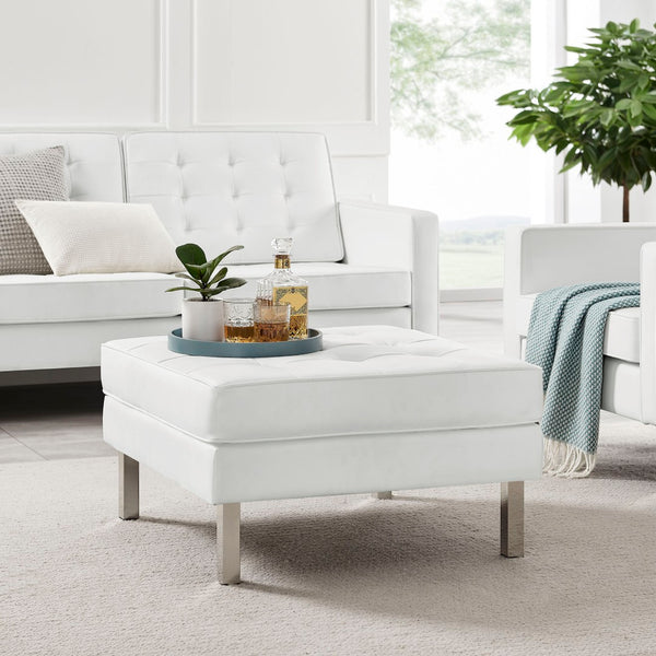 Modway Furniture Loft Tufted Vegan Leather Ottoman - Mid-Century Modern Style for Versatile Living Room Comfort Silver White EEI-3394-SLV-WHI