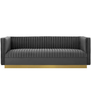 Modway Furniture Sanguine Vertical Channel Tufted Performance Velvet Sofa - Luxe Gray Elegance for Modern Living Spaces EEI-3405-GRY
