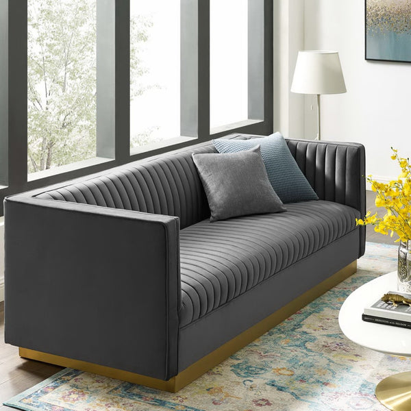 Modway Furniture Sanguine Vertical Channel Tufted Performance Velvet Sofa - Luxe Gray Elegance for Modern Living Spaces EEI-3405-GRY