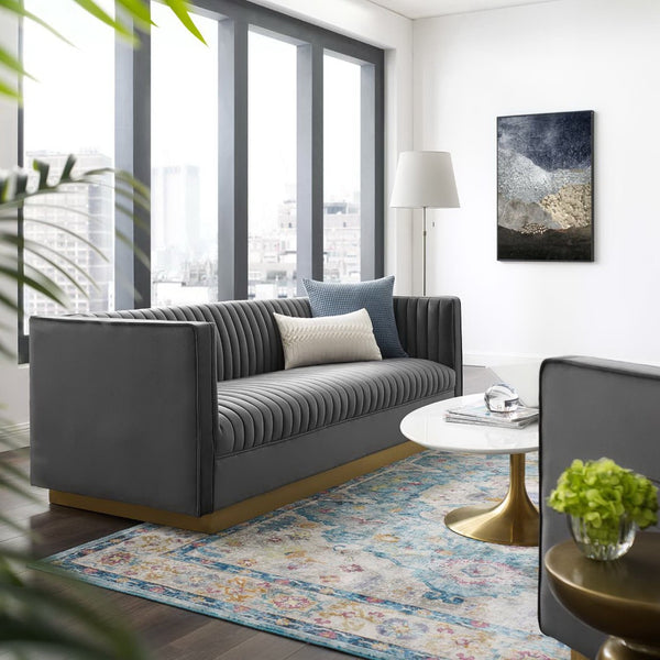 Modway Furniture Sanguine Vertical Channel Tufted Performance Velvet Sofa - Luxe Gray Elegance for Modern Living Spaces EEI-3405-GRY