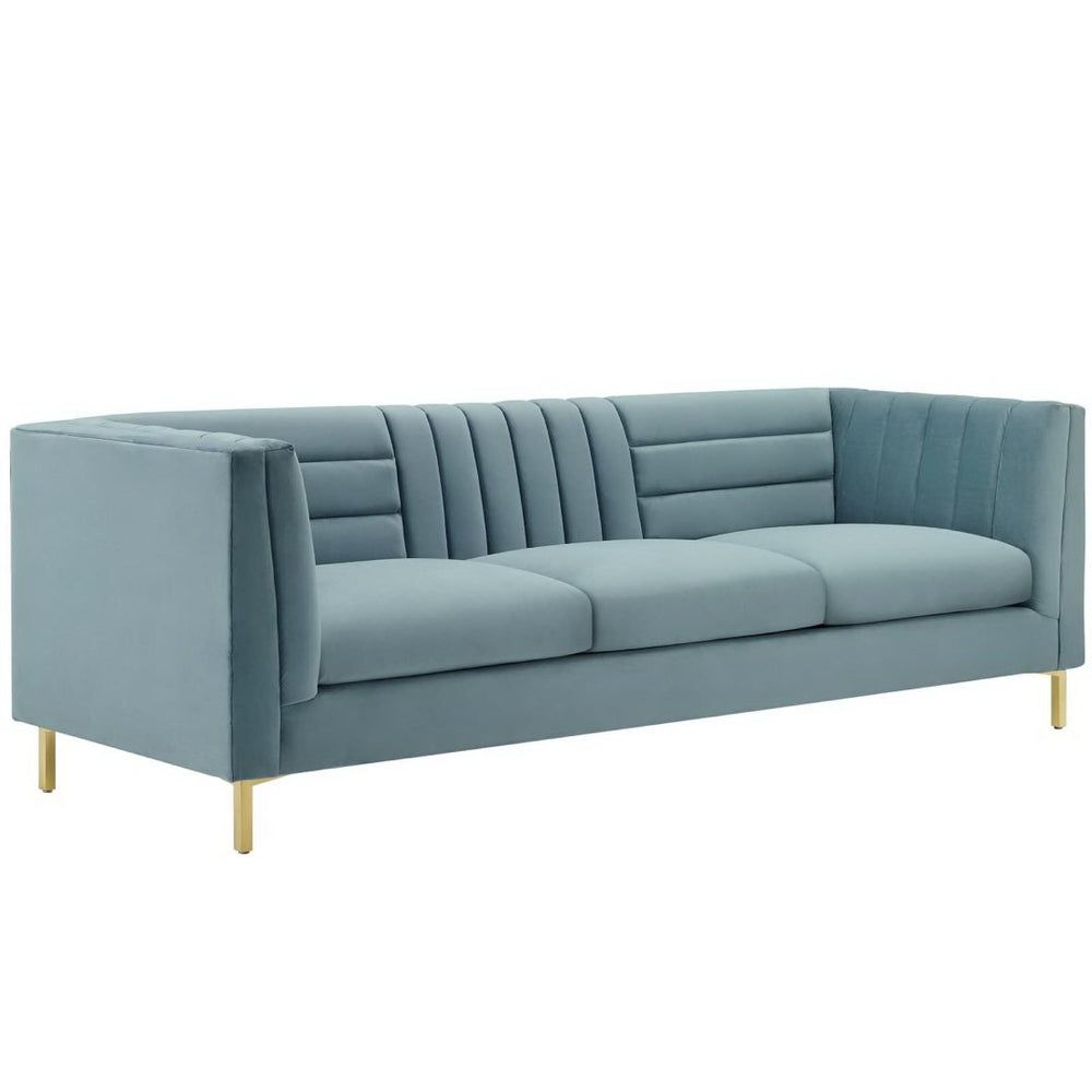 Modway Furniture Ingenuity Channel Tufted Performance Velvet Sofa - Modern Elegance in Light Blue with Gold Legs EEI-3454-LBU