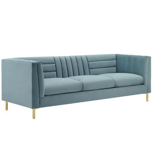 Modway Furniture Ingenuity Channel Tufted Performance Velvet Sofa - Modern Elegance in Light Blue with Gold Legs EEI-3454-LBU