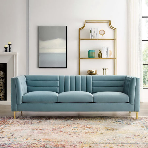 Modway Furniture Ingenuity Channel Tufted Performance Velvet Sofa - Modern Elegance in Light Blue with Gold Legs EEI-3454-LBU