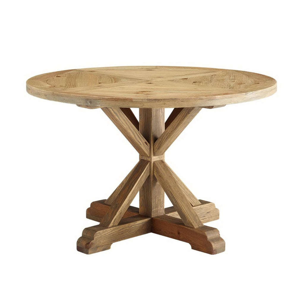 Modway Furniture Stitch 47" Round Pine Wood Dining Table - Rustic Farmhouse Charm for Modern Gatherings & Meals EEI-3492-BRN