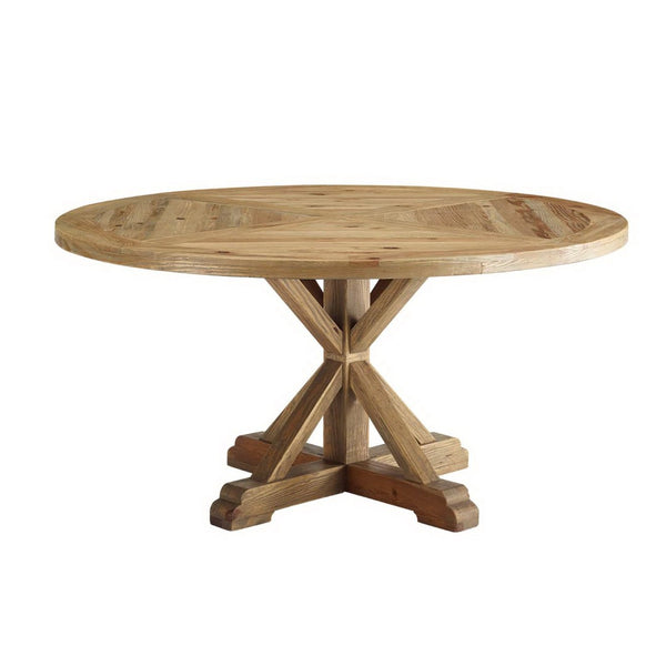Modway Furniture Stitch 59" Round Pine Wood Dining Table - Classic Farmhouse Design, Seats 8 Comfortably, Durable Finish EEI-3494-BRN