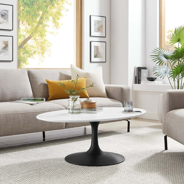 Modway Furniture Lippa 42" Oval Wood Coffee Table - Mid-Century Modern Design with High-Gloss Finish & Easy Assembly EEI-3533-BLK-WHI