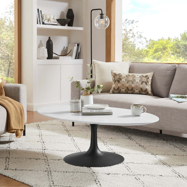 Modway Furniture Lippa 48" Oval Coffee Table – Modern Mid-Century Design with High-Gloss Finish & Pedestal Base EEI-3536-BLK-WHI