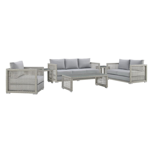 Modway Furniture Aura 6-Piece Outdoor Patio Wicker Rattan Set - Stylish, Comfortable, All-Weather Seating Solution Gray Gray EEI-3559-GRY-GRY-SET