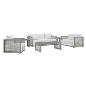 Modway Furniture Aura 6-Piece Outdoor Patio Wicker Rattan Set - Stylish, Comfortable, All-Weather Seating Solution Gray White EEI-3559-GRY-WHI-SET