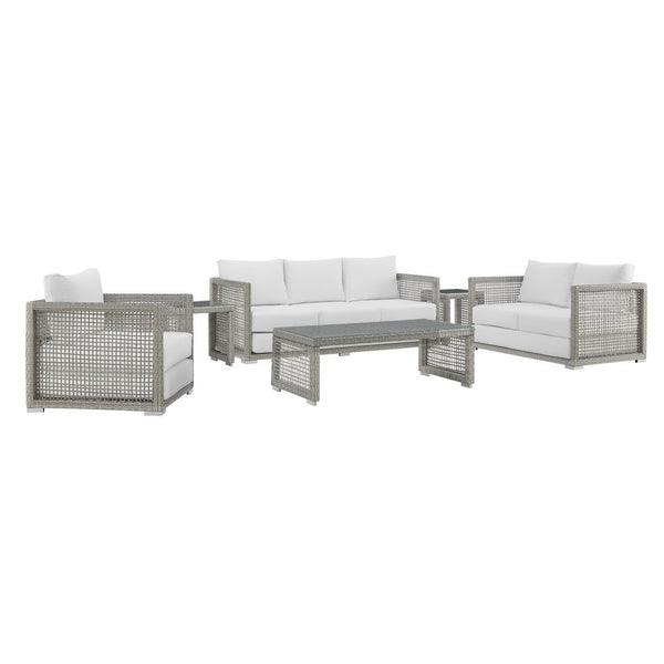 Modway Furniture Aura 6-Piece Outdoor Patio Wicker Rattan Set - Stylish, Comfortable, All-Weather Seating Solution Gray White EEI-3559-GRY-WHI-SET