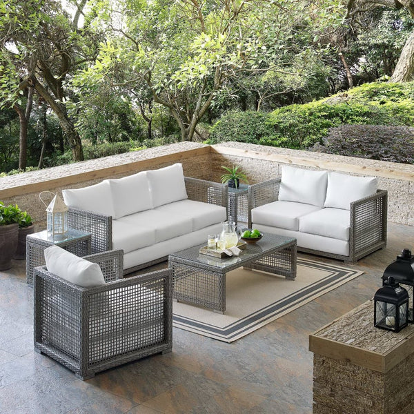 Modway Furniture Aura 6-Piece Outdoor Patio Wicker Rattan Set - Stylish, Comfortable, All-Weather Seating Solution Gray White EEI-3559-GRY-WHI-SET