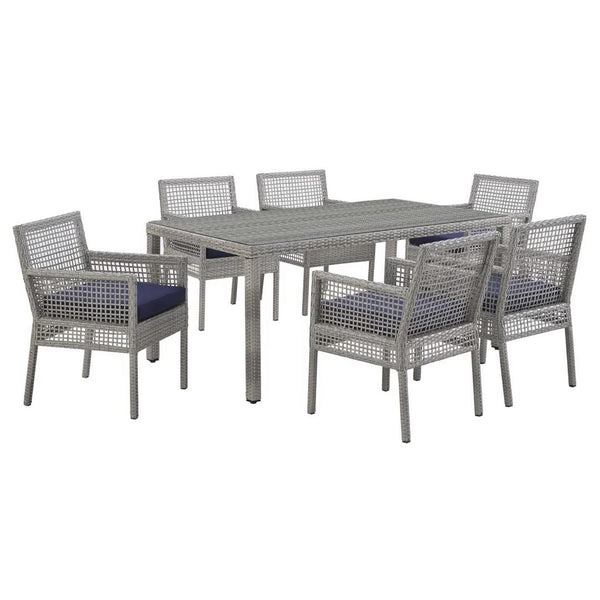 Modway Furniture Aura 7 Piece Outdoor Patio Wicker Rattan Set – Stylish, Durable, and Low-Maintenance Comfort for All Gray Navy EEI-3560-GRY-NAV-SET
