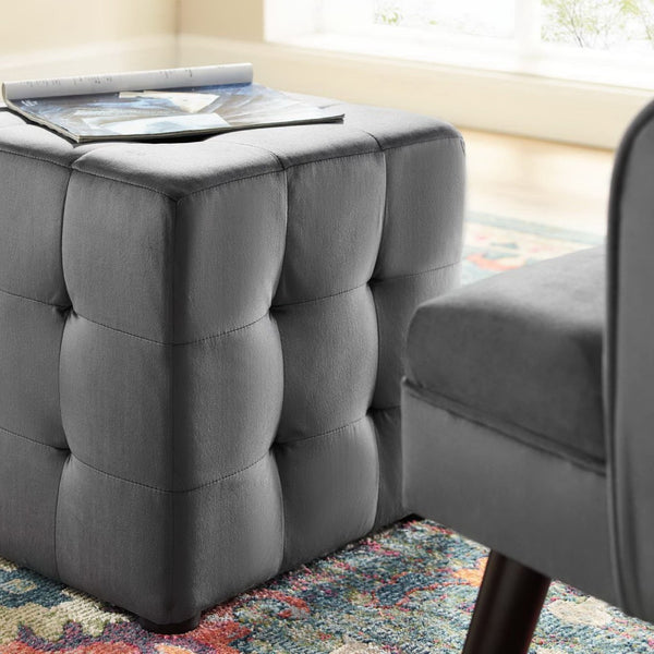 Modway Furniture Contour Tufted Cube Ottoman in Performance Velvet - Elegant, Stain-Resistant Accent for Any Room Gray EEI-3577-GRY