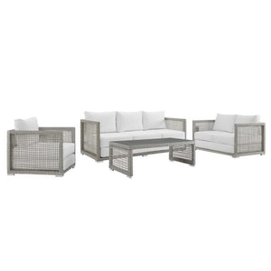 Modway Furniture Aura 4-Piece Outdoor Patio Wicker Rattan Set - Stylish, Durable & Comfortable for Relaxed Living Gray White EEI-3596-GRY-WHI-SET