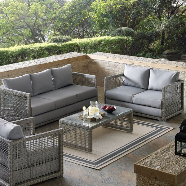 Modway Furniture Aura 3 Piece Outdoor Patio Wicker Rattan Set - Weather-Resistant, Plush Cushions & Modern Design Gray Gray EEI-3598-GRY-GRY-SET