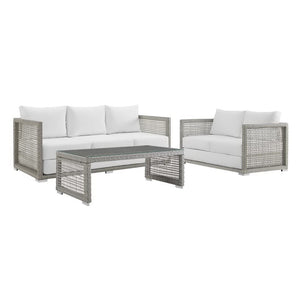 Modway Furniture Aura 3 Piece Outdoor Patio Wicker Rattan Set - Weather-Resistant, Plush Cushions & Modern Design Gray White EEI-3598-GRY-WHI-SET