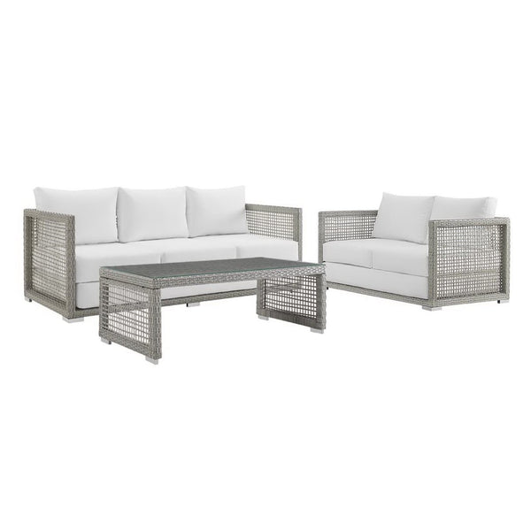 Modway Furniture Aura 3 Piece Outdoor Patio Wicker Rattan Set - Weather-Resistant, Plush Cushions & Modern Design Gray White EEI-3598-GRY-WHI-SET