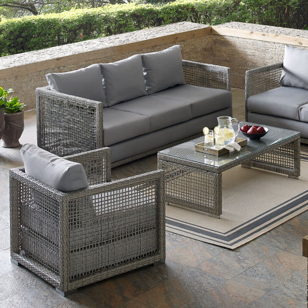 Modway Furniture Aura 3-Piece Outdoor Patio Wicker Rattan Set - Durable, All-Weather Comfort for Stylish Gatherings Gray Gray EEI-3599-GRY-GRY-SET