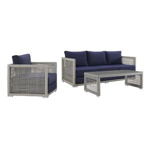 Modway Furniture Aura 3-Piece Outdoor Patio Wicker Rattan Set - Durable, All-Weather Comfort for Stylish Gatherings Gray Navy EEI-3599-GRY-NAV-SET