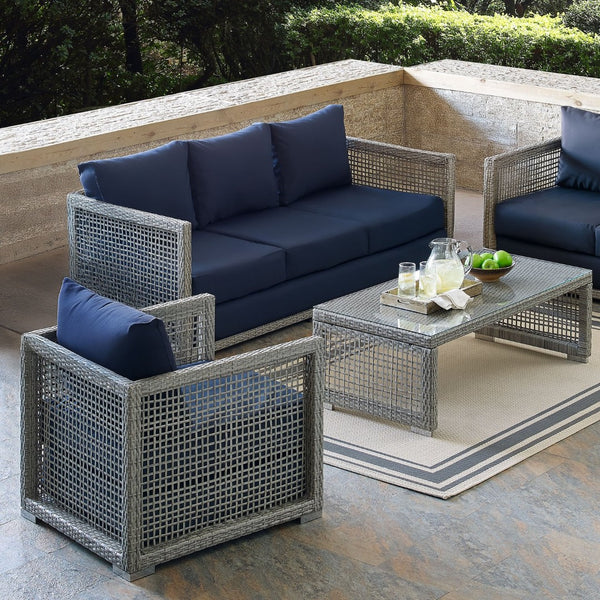 Modway Furniture Aura 3-Piece Outdoor Patio Wicker Rattan Set - Durable, All-Weather Comfort for Stylish Gatherings Gray Navy EEI-3599-GRY-NAV-SET