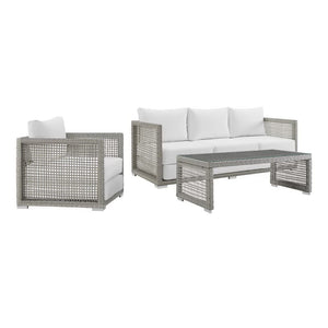 Modway Furniture Aura 3-Piece Outdoor Patio Wicker Rattan Set - Durable, All-Weather Comfort for Stylish Gatherings Gray White EEI-3599-GRY-WHI-SET