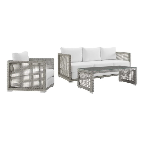 Modway Furniture Aura 3-Piece Outdoor Patio Wicker Rattan Set - Durable, All-Weather Comfort for Stylish Gatherings Gray White EEI-3599-GRY-WHI-SET