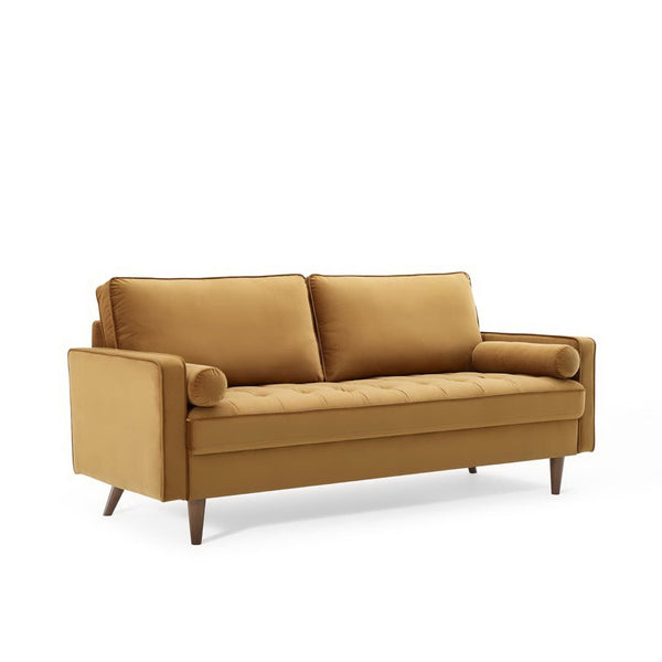 Modway Furniture Valour Performance Velvet Sofa - Elegant Mid-Century Design with Stain-Resistant Upholstery & Comfort Cognac EEI-3764-COG