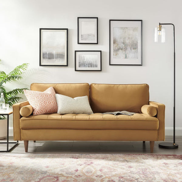 Modway Furniture Valour Performance Velvet Sofa - Elegant Mid-Century Design with Stain-Resistant Upholstery & Comfort Cognac EEI-3764-COG