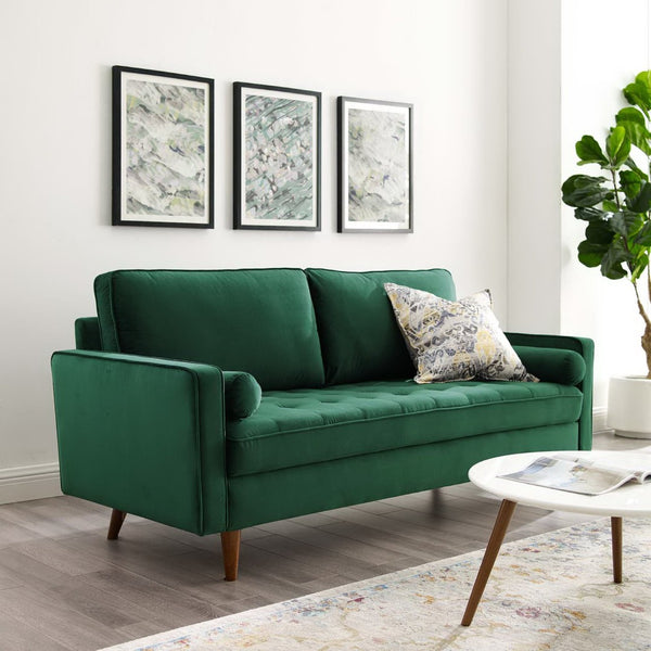Modway Furniture Valour Performance Velvet Sofa - Elegant Mid-Century Design with Stain-Resistant Upholstery & Comfort Green EEI-3764-GRN