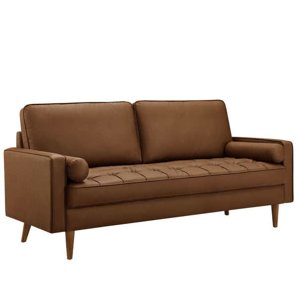 Modway Furniture Valour Tufted Vegan Leather Sofa - Mid-Century Elegance with Comfort, Style, and Durable Design Brown EEI-3765-BRN