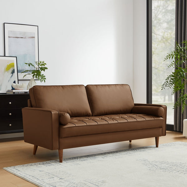 Modway Furniture Valour Tufted Vegan Leather Sofa - Mid-Century Elegance with Comfort, Style, and Durable Design Brown EEI-3765-BRN