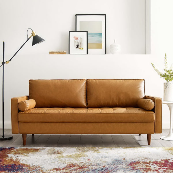 Modway Furniture Valour Tufted Vegan Leather Sofa - Mid-Century Elegance with Comfort, Style, and Durable Design Tan EEI-3765-TAN