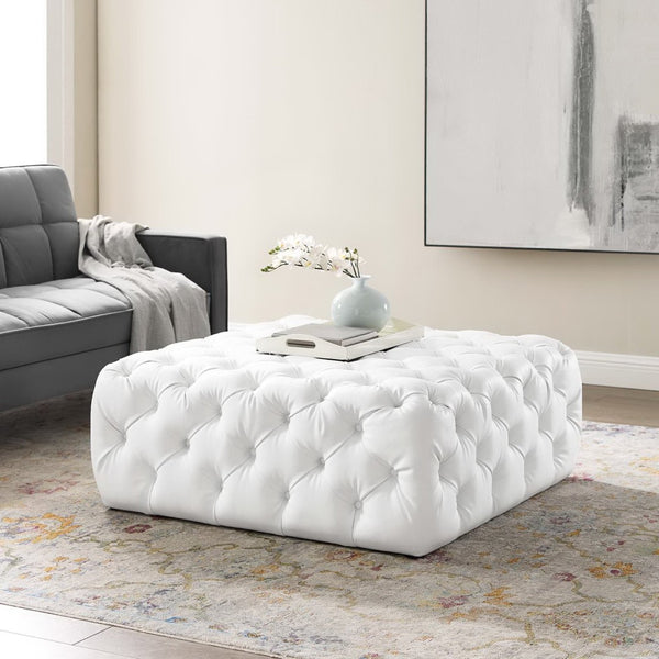 Modway Furniture Amour Tufted Button Large Square Faux Leather Ottoman – Versatile Glamour for Any Room Decor EEI-3773-WHI