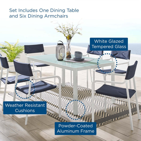 Modway Furniture Raleigh 7-Piece Outdoor Aluminum Dining Set with Stylish Glass Table & Comfortable Stackable Chairs EEI-3797-WHI-NAV