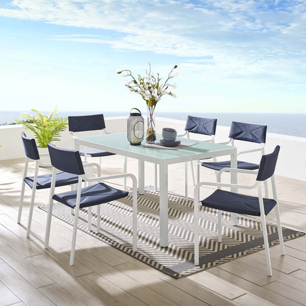 Modway Furniture Raleigh 7-Piece Outdoor Aluminum Dining Set with Stylish Glass Table & Comfortable Stackable Chairs EEI-3797-WHI-NAV