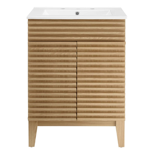 Modway Furniture Render 24" Bathroom Vanity by Modway - Mid-Century Modern Design with Soft-Close Storage Solutions Oak White EEI-3860-OAK-WHI