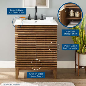 Modway Furniture Render 24" Bathroom Vanity by Modway - Mid-Century Modern Design with Soft-Close Storage Solutions Walnut White EEI-3860-WAL-WHI