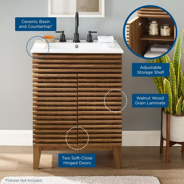 Modway Furniture Render 24" Bathroom Vanity by Modway - Mid-Century Modern Design with Soft-Close Storage Solutions Walnut White EEI-3860-WAL-WHI