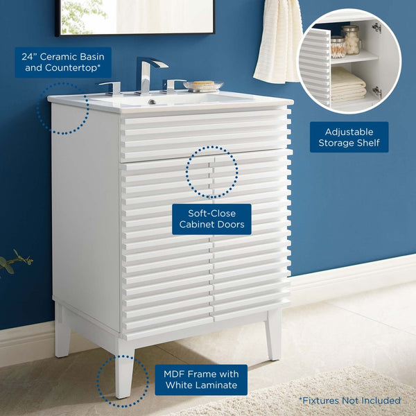 Modway Furniture Render 24" Bathroom Vanity by Modway - Mid-Century Modern Design with Soft-Close Storage Solutions White White EEI-3860-WHI-WHI