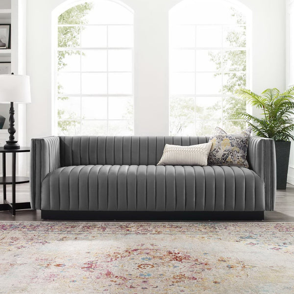Modway Furniture Conjure Luxurious Channel Tufted Velvet Sofa – Stylish Gray, Stain-Resistant Design for Any Space EEI-3885-GRY