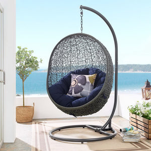 Modway Furniture Hide Outdoor Patio Swing Chair with Stand, Sunbrella® Cushion – Durable, Stylish All-Weather Design Gray Navy EEI-3929-GRY-NAV